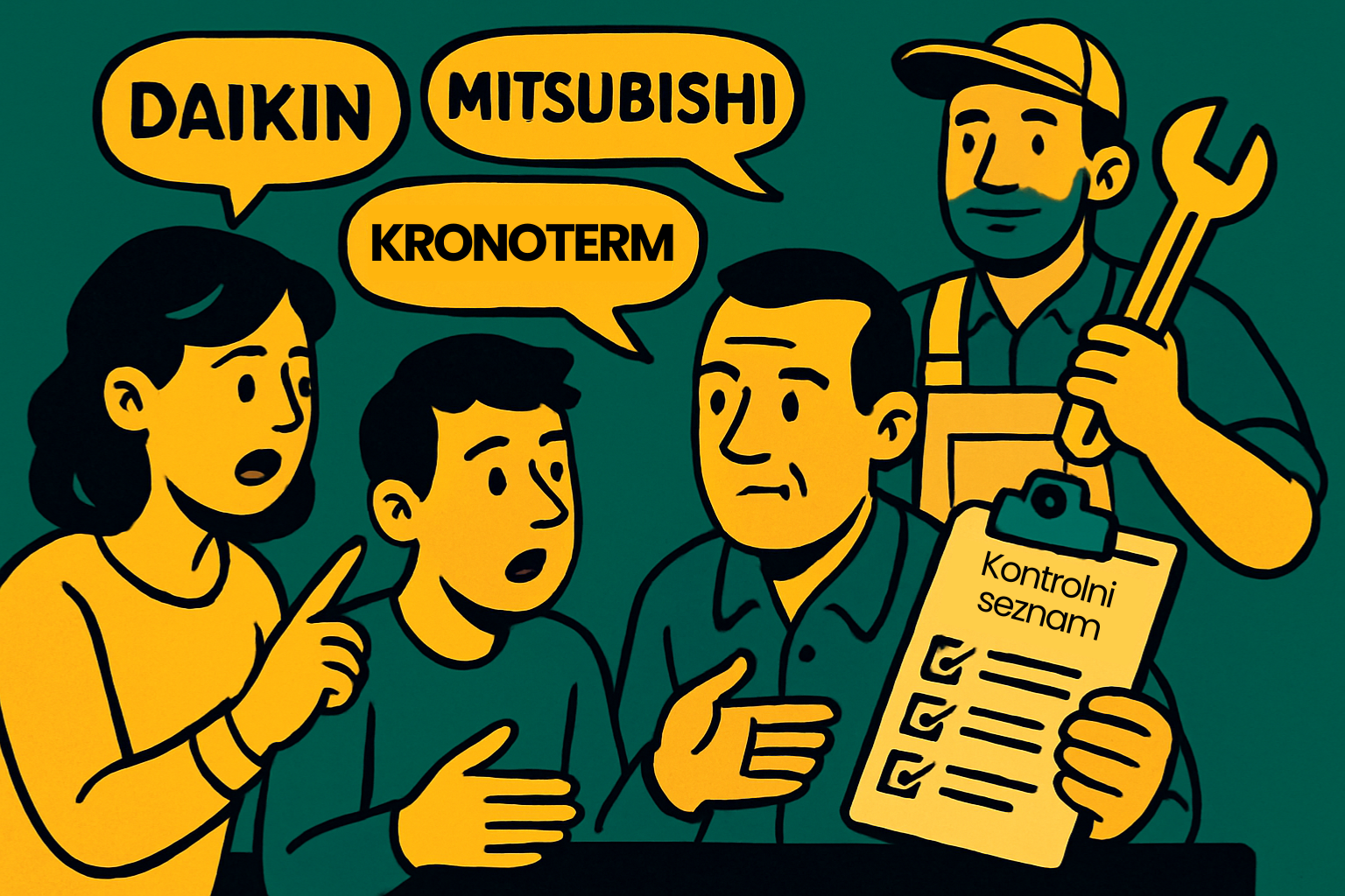 Ilustracija družine, ki razpravlja o blagovnih znamkah toplotnih črpalk (Daikin, Mitsubishi, Kronoterm), z serviserjem, ki drži kontrolni seznam in ključ, povezano s forumom za servis toplotne črpalke.