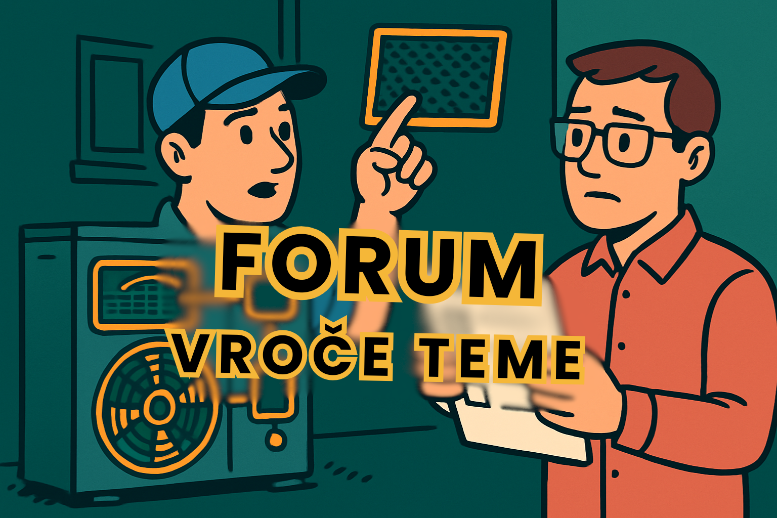 Ilustracija serviserja, ki z roko kaže na zunanjo enoto toplotne črpalke, medtem ko stranka z checklistom pregleduje vzdrževanje, povezano s forumom za servis toplotne črpalke.