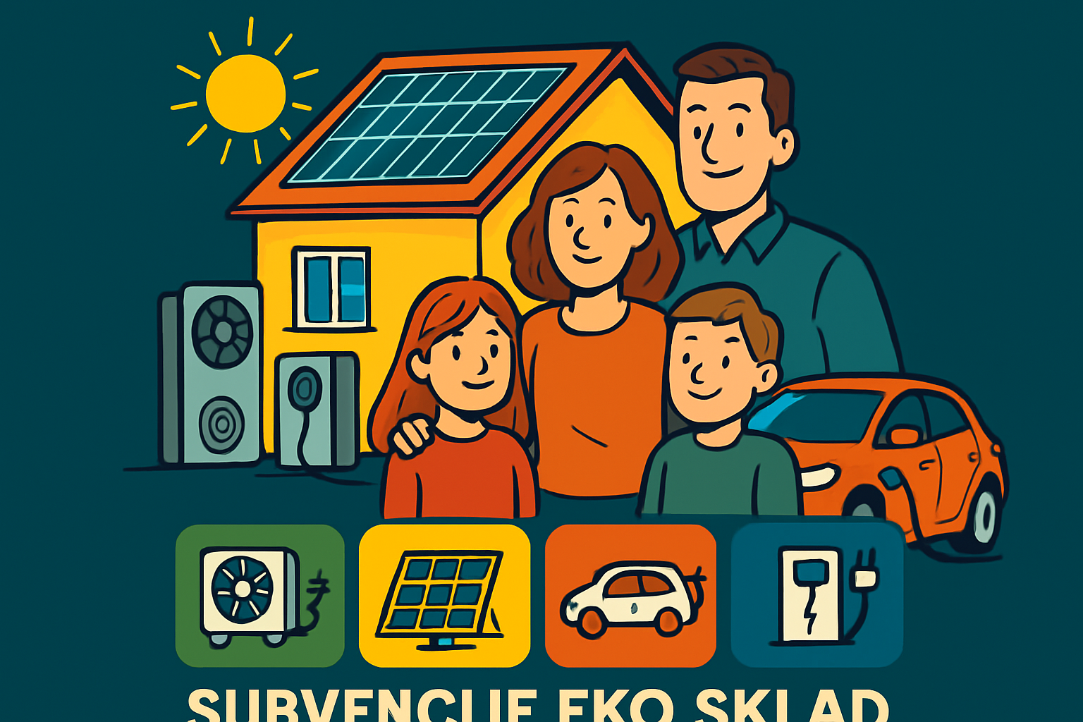 Ilustracija srečne družine pred hišo s sončno elektrarno, električnim avtomobilom, klimatsko napravo in simboli za subvencije Eko sklada, vključno s sončno energijo, električnimi vozili in polnilnicami.