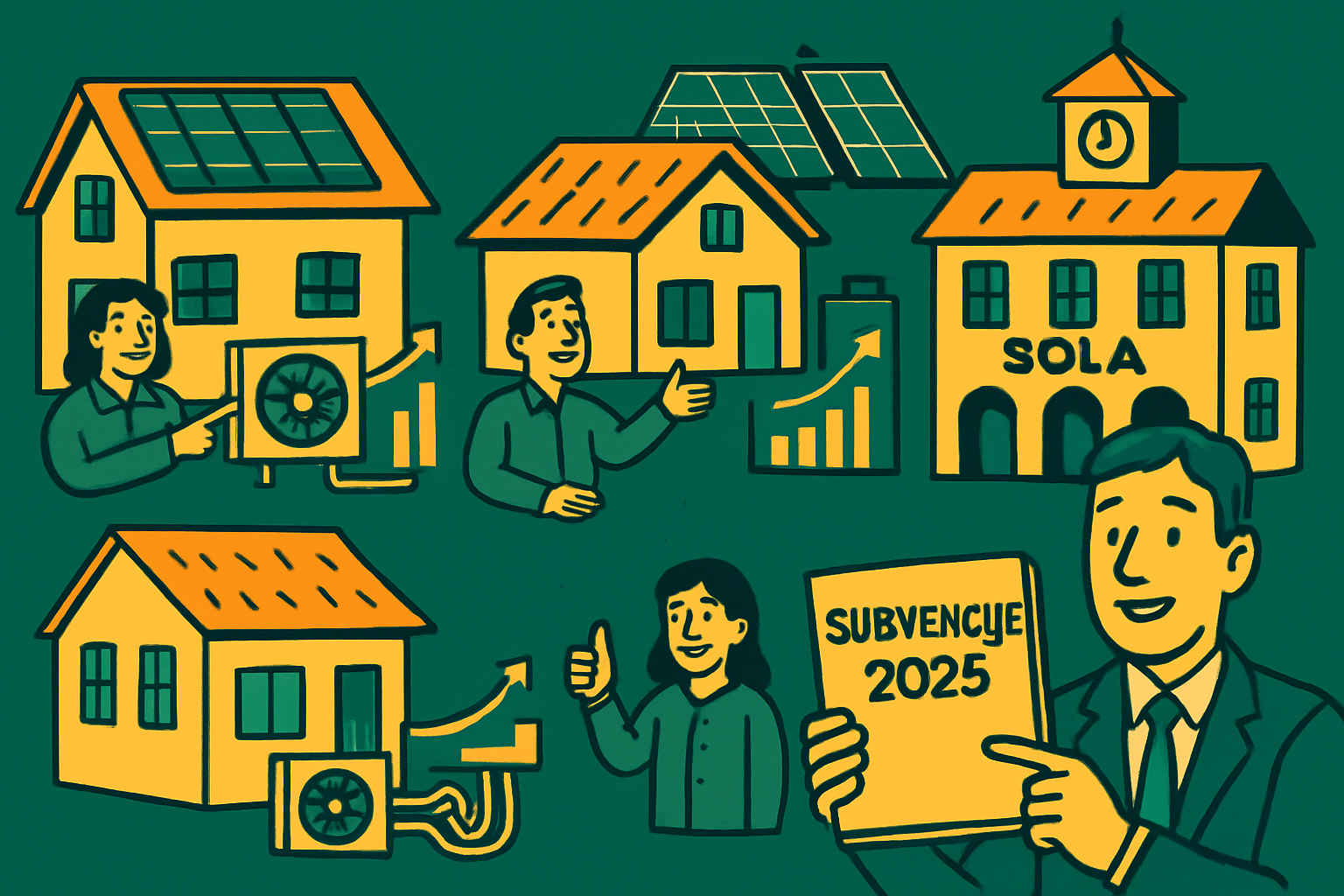 Ilustracija hiš z sončnimi paneli in toplotnimi črpalkami, ljudi z grafi rasti in svetovalca z napisom Subvencije 2025, ki promovira subvencije za toplotne črpalke.