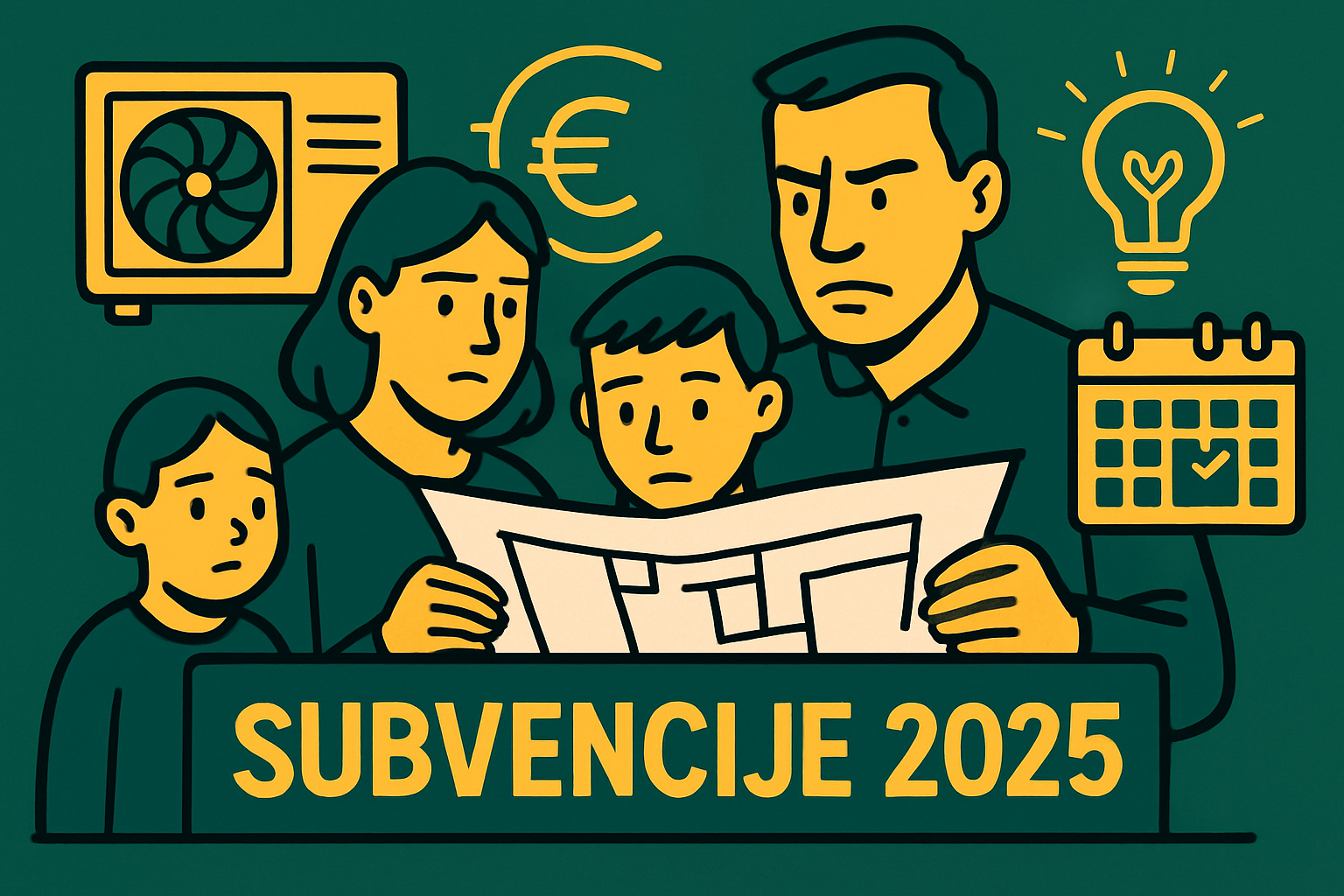 Ilustracija zaskrbljene družine, ki preučuje dokumente o subvencijah za toplotne črpalke 2025, obkrožena z ikoni denarja, koledarja in ideje.