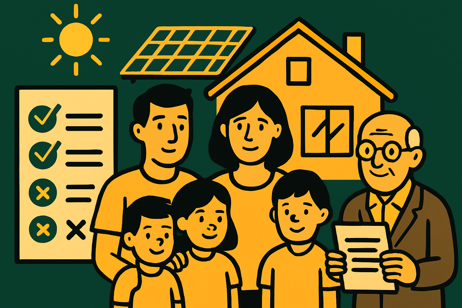 Ilustracija srečne družine pred hišo s sončno elektrarno, obkrožene s seznamom za preverjanje pogojev in dokumenti, ki simbolizirajo subvencije Eko sklada.