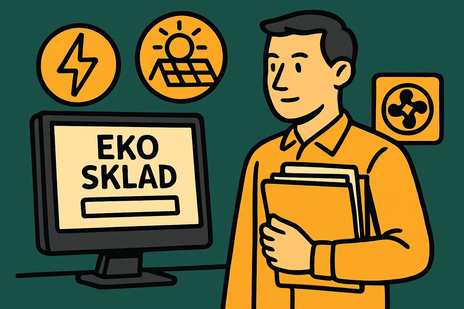 Ilustracija moškega pred računalnikom z napisom Eko sklad, obkroženega z ikunami za elektriko, sončno energijo in klimatsko napravo, ki simbolizirajo subvencije Eko sklada.