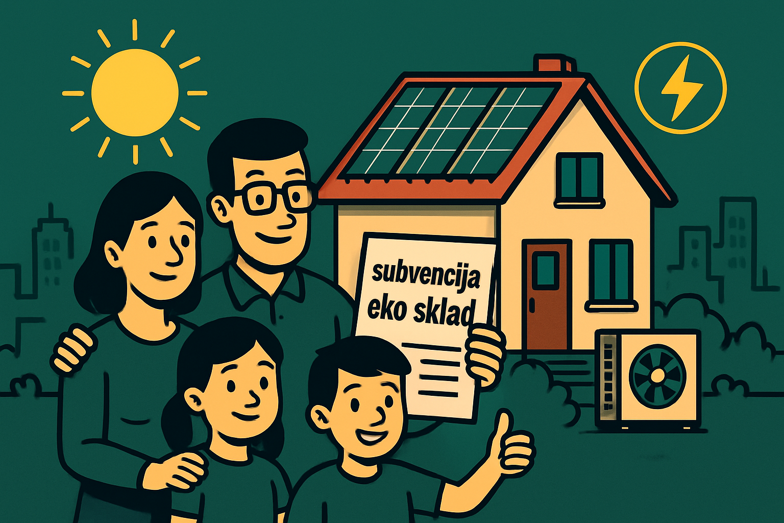 Ilustracija srečne družine pred hišo z sončnimi paneli in toplotno črpalko, ki drži dokument z napisom "subvencija eko sklad" in kaže na odobritev z dvignjenim palcem.