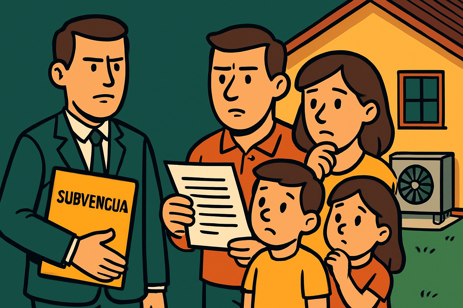 Ilustracija uradnika, ki družini pred hišo z toplotno črpalko razlaga dokumente z naslovom 'Subvencija', simbolizira pomoč pri pridobivanju subvencij za toplotne črpalke v letu 2025.
