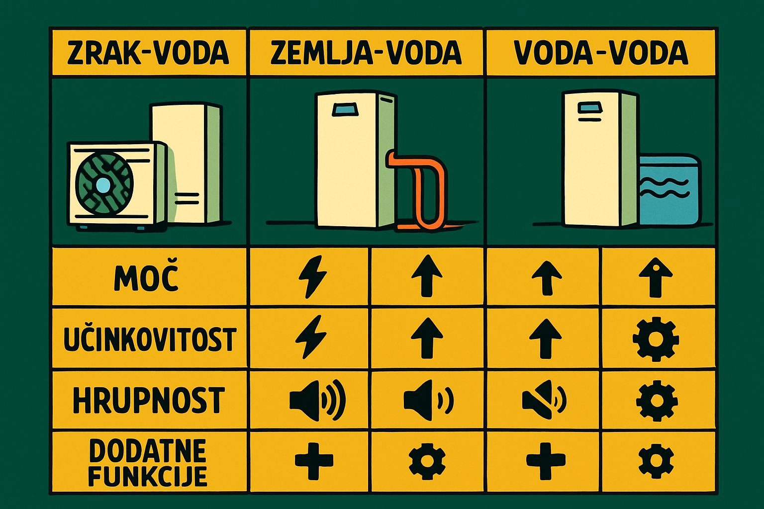Primerjava zračno-vodne, zemeljsko-vodne in vodno-vodne toplotne črpalke z ikonami za moč, učinkovitost, hrupnost in dodatne funkcije, povezane s cenami toplotnih črpalk.
