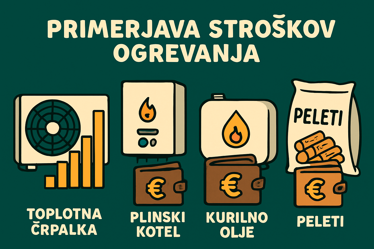 Ilustracija primerjave stroškov ogrevanja z toplotno črpalko, plinskim kotlom, kurilnim oljem in peleti, z grafi in denarnicami za prikaz stroškov.