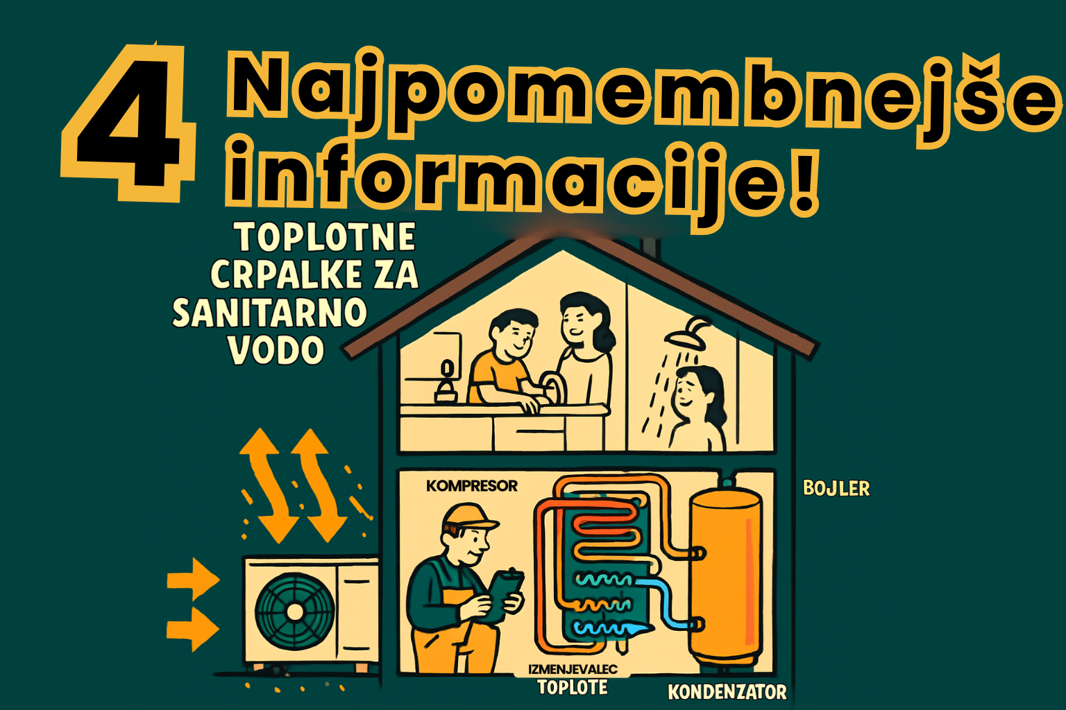 Ilustracija hiše z označenimi 4 najpomembnejšimi informacijami o sanitarna toplotna črpalka: kompresor, izmenjevalec toplote, kondenz