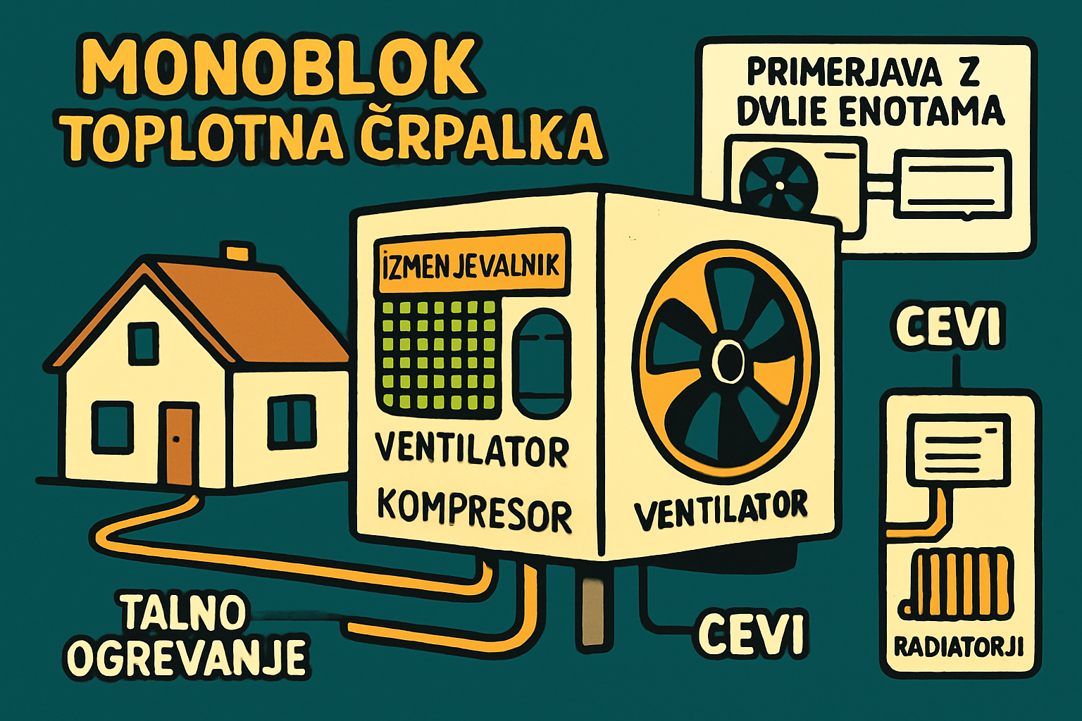Ilustracija monoblok toplotne črpalke za ogrevanje hiše: grafična shema prikazuje zunanjo monoblok enoto z ventilatorjem, kompresorjem, izmenjevalnikom toplote in primerno z dvojnim ventilatorskim sistemom ter enotama, povezano s talnim ogrevanjem, radiatorji in centralnim prezračevanjem v hiši.