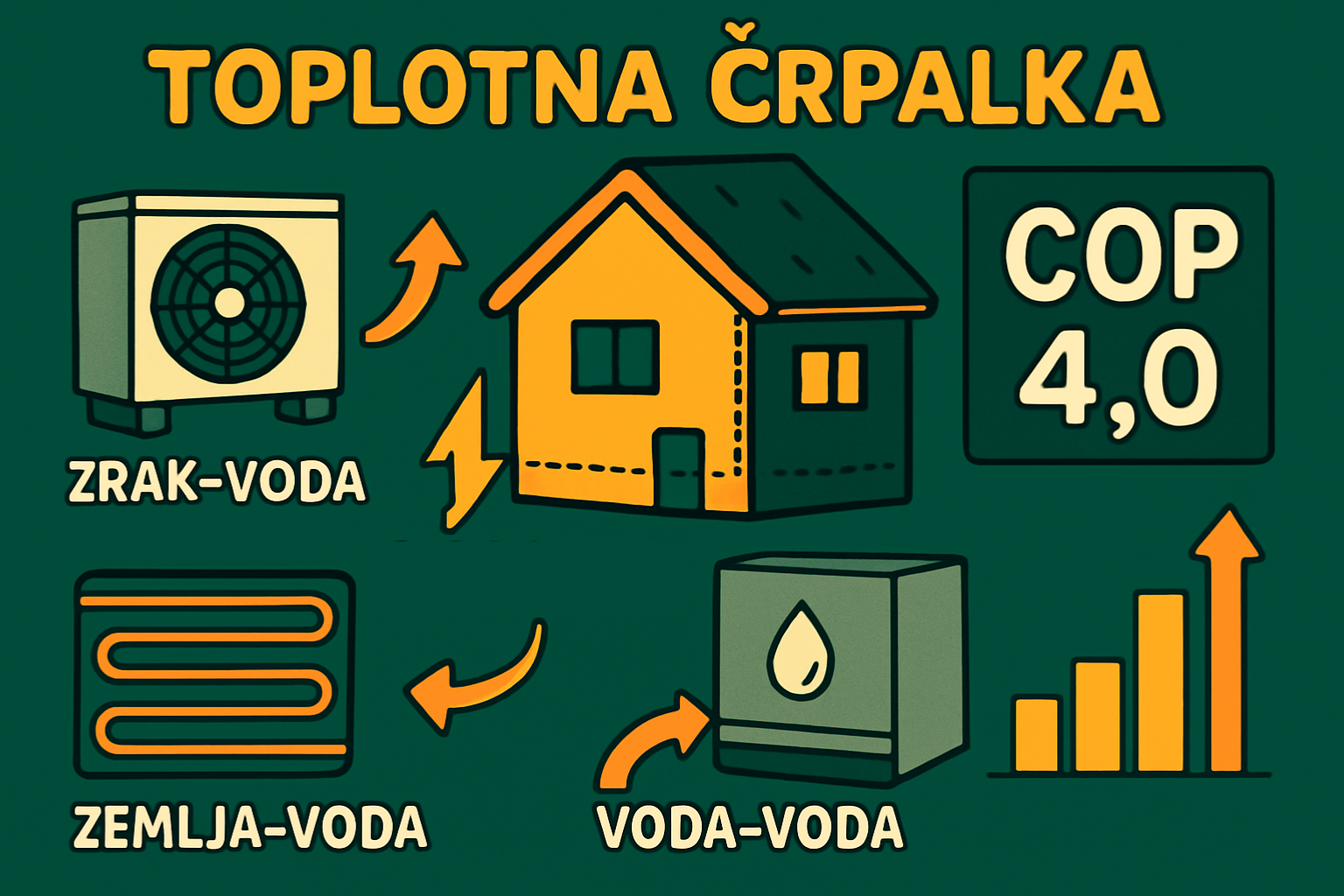 Ilustracija toplotne črpalke z tipi zrak-voda, zemlja-voda in voda-voda, ki oskrbuje hišo, z označenim COP 4.0 in grafom porabe elektrike, povezano s forumom o toplotnih črpalkah.