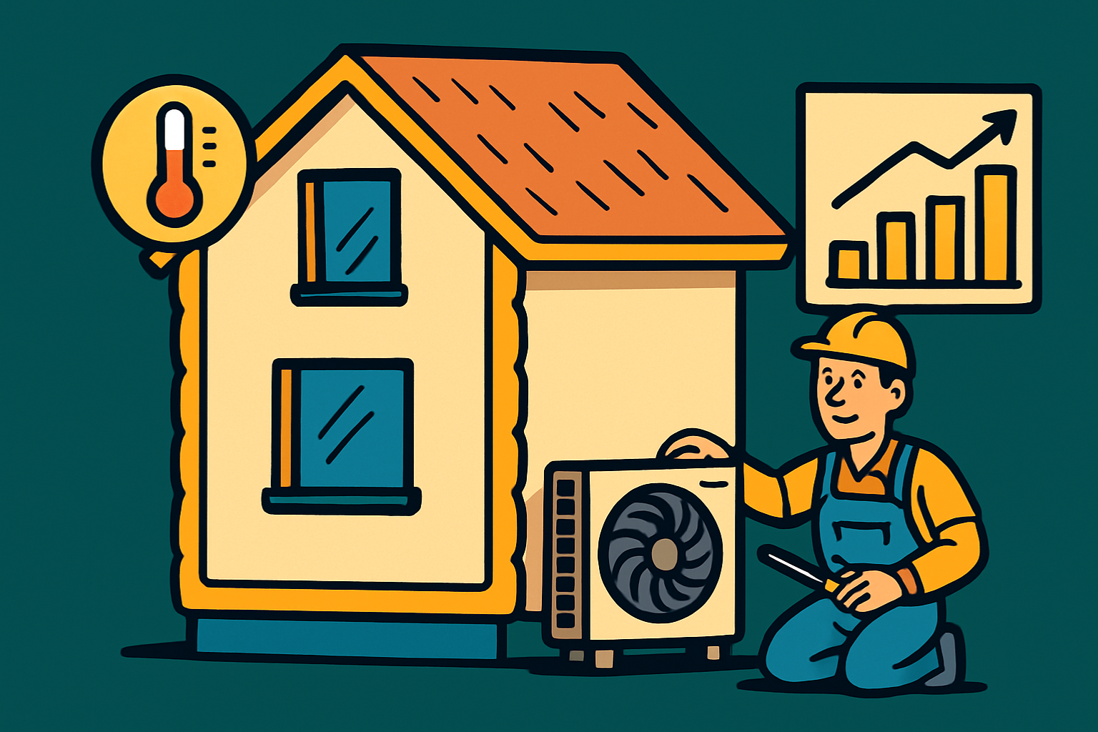 Ilustracija serviserja, ki namesti toplotno črpalko ob hiši z ikonami termometra za ogrevanje in naraščajočega grafa porabe elektrike, povezano s forumom o toplotnih črpalkah.