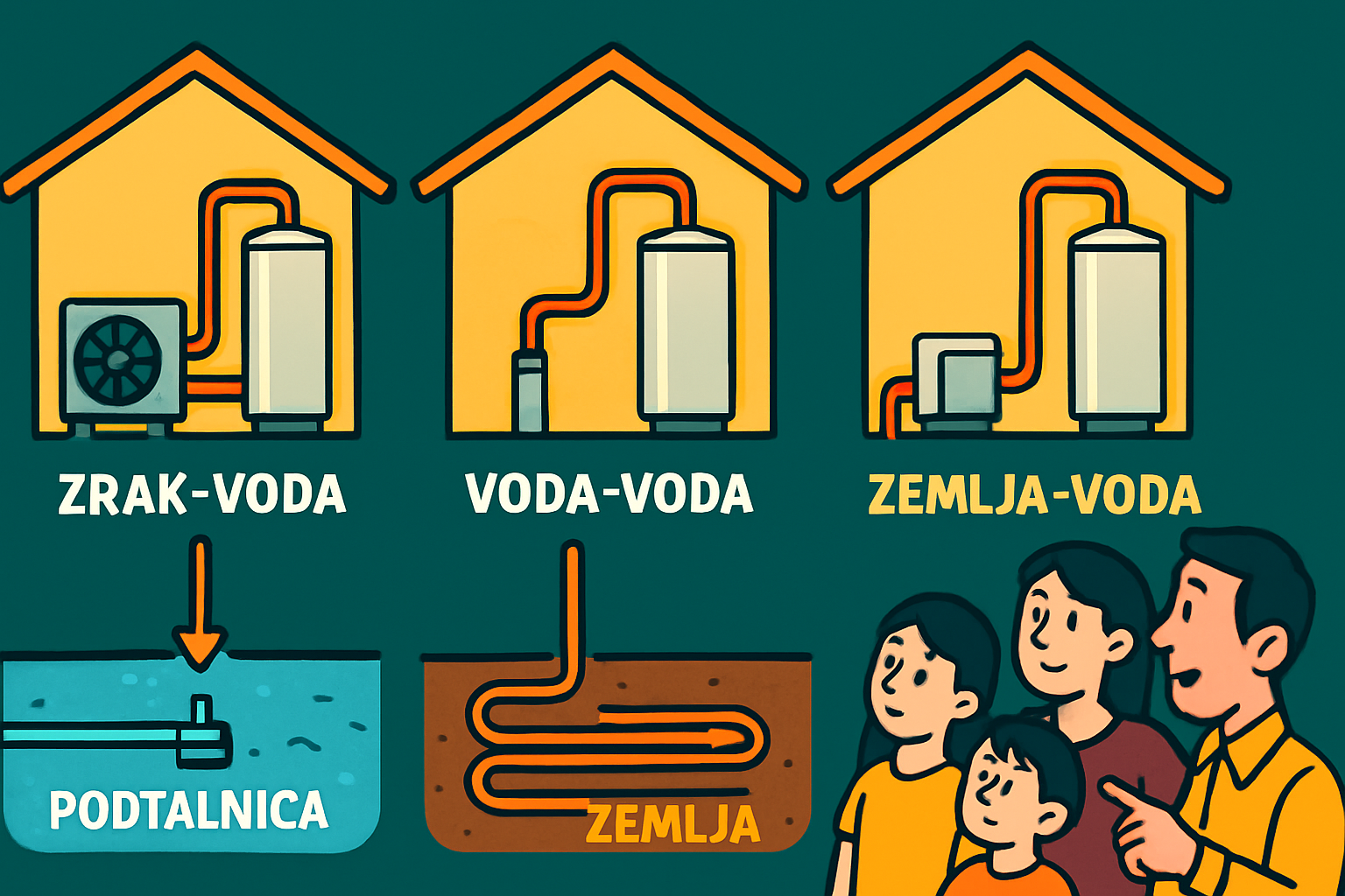 Primerjava vrst toplotnih črpalk za sanitarno vodo: zrak-voda, voda-voda in zemlja-voda, z ilustracijami hiš, rezervoarjev in virov toplote ter družino.