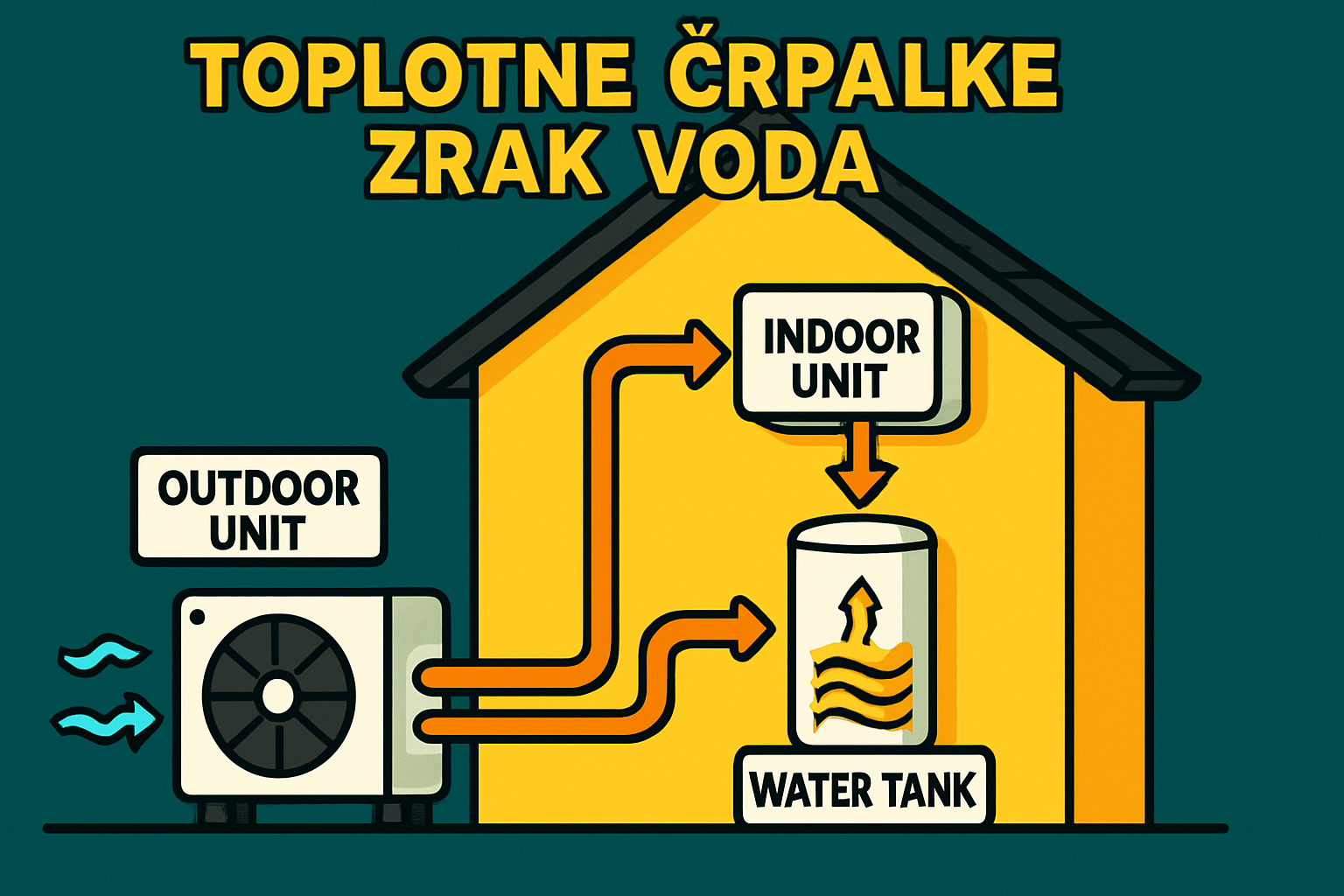 Ilustracija toplotne črpalke zrak voda s shemo zunanje enote, notranje enote in rezervoarja za vodo, ki oskrbuje hišo, povezano s ključno besedo toplotne črpalke zrak voda.