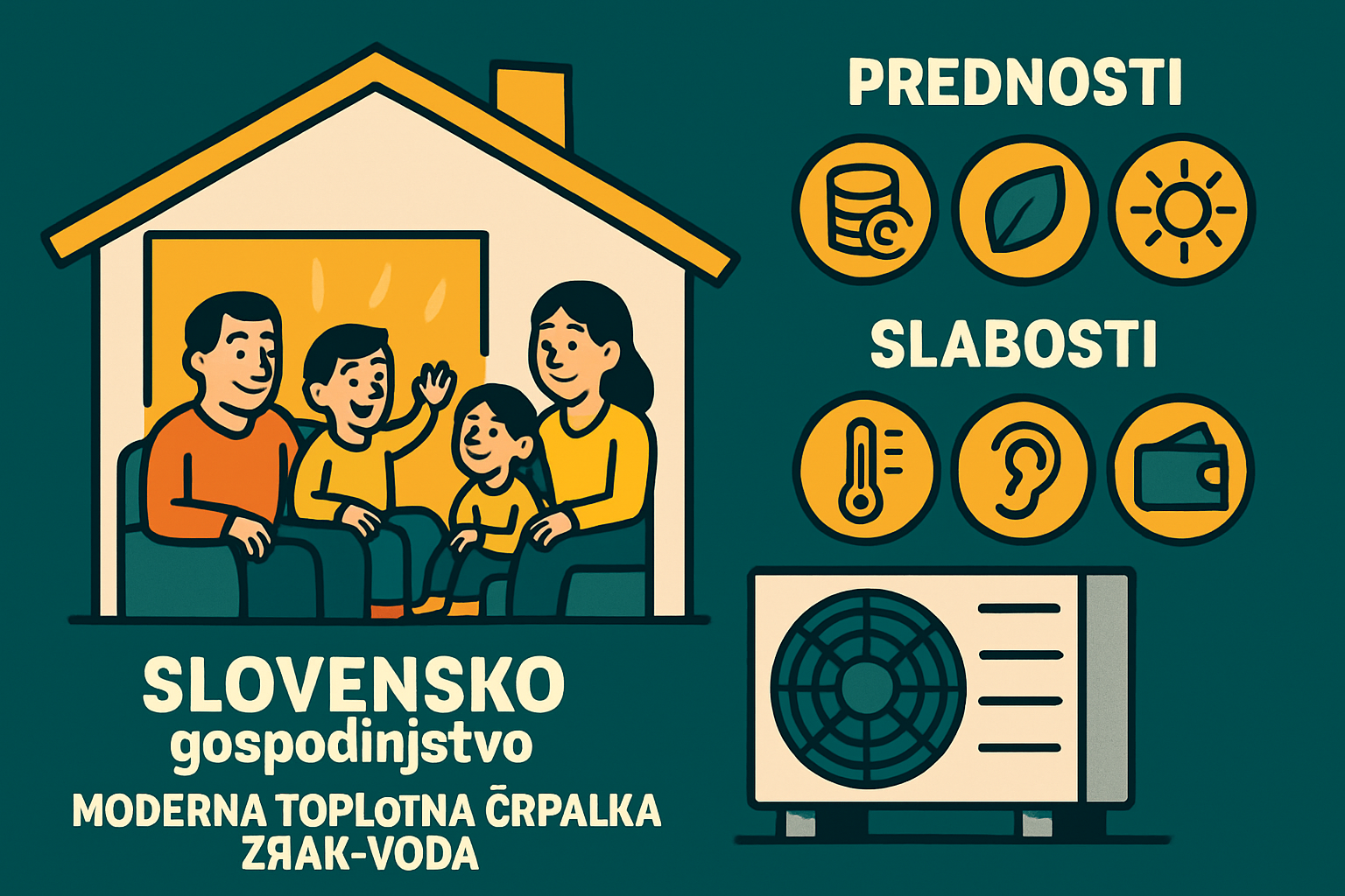 Ilustracija hiše z nameščeno toplotno črpalko zrak voda, z zunanjim delom na terasi in notranjim rezervoarjem za toplo vodo, obkrožena s puščicami toplote.