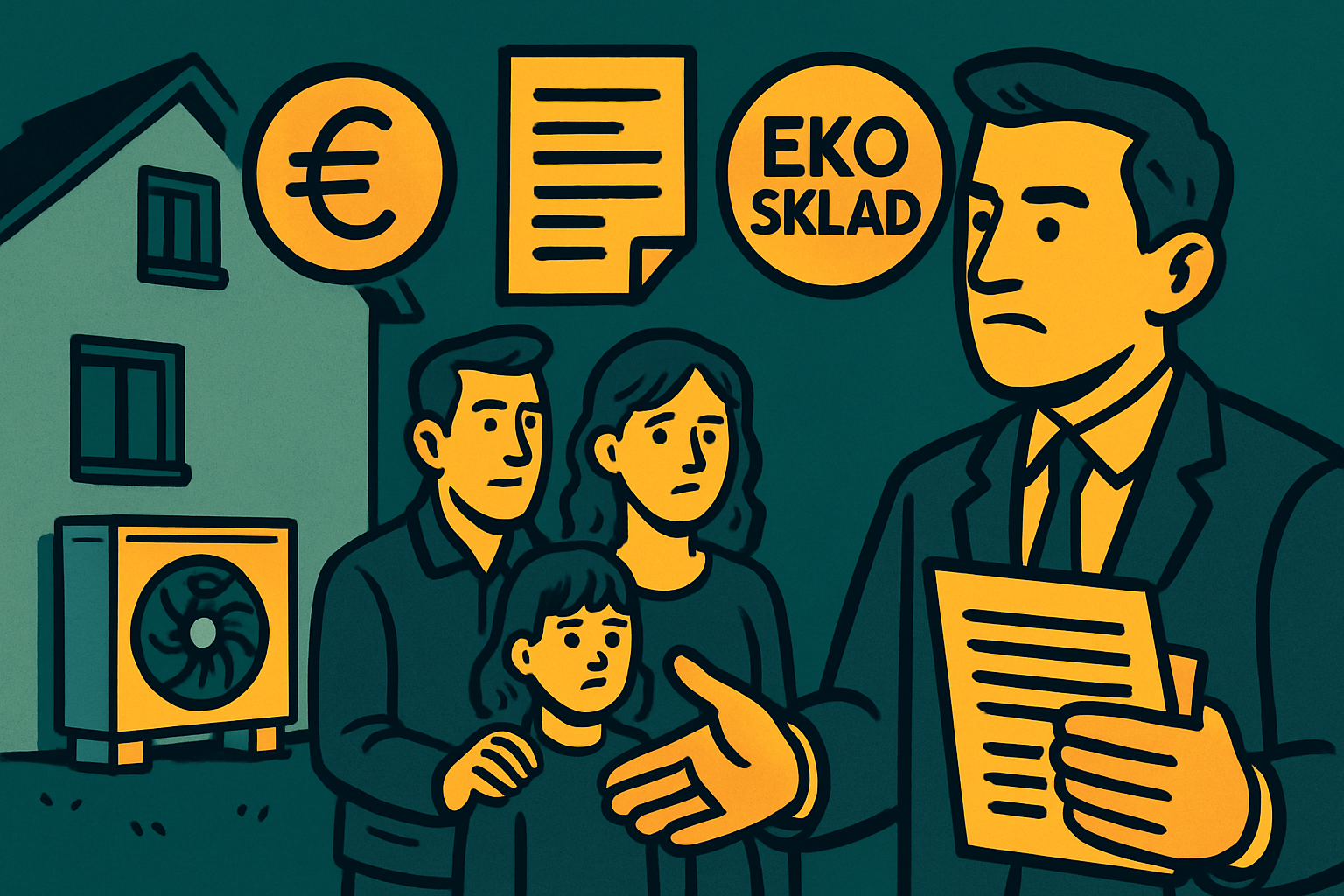 Ilustracija družine pred hišo s toplotno črpalko zrak voda, kjer svetovalec razlaga subvencije Eko sklada z dokumenti in evro simbolom, poudarjajoč finančne ugodnosti.