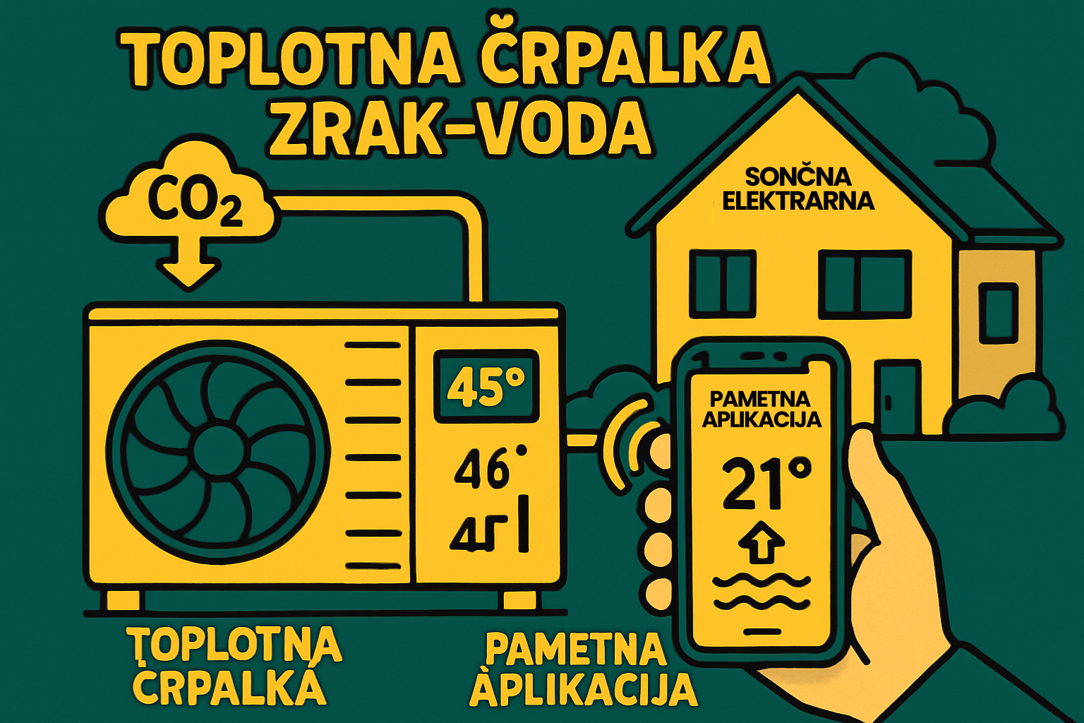 Shema toplotne črpalke zrak voda z označenimi temperaturami 45° in 46° ter upravljanjem preko pametne aplikacije, hišo s sončno elektrarno in simbolom CO2.