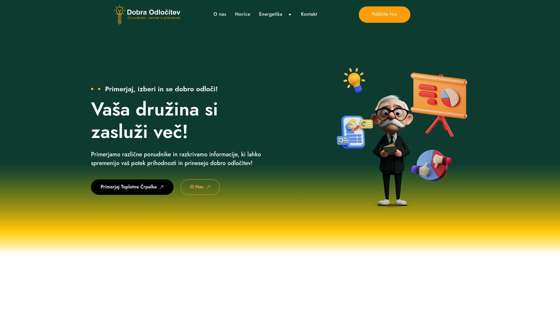 Slika spletne strani z naslovom "Dobra Odločitev" in sloganom "Za svobodo vaših prihodnosti". Na sliki je prikazana prijazna animirana oseba z očali, ki stoji poleg grafikona in drugega vizualnega materiala. Besedilo spodbuja k premišljeni odločitvi za toplotno črpalko, z gumbi za "Primerjaj Toplotne Črpalke" in "O Nas".