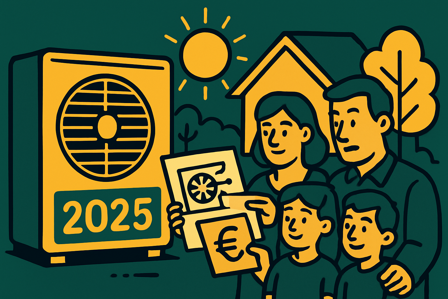 Ilustracija družine, ki drži dokumente z evro simboli in sliko toplotne črpalke pred hišo z napisom 2025, simbolizira subvencije in energetsko učinkovitost za ogrevanje.