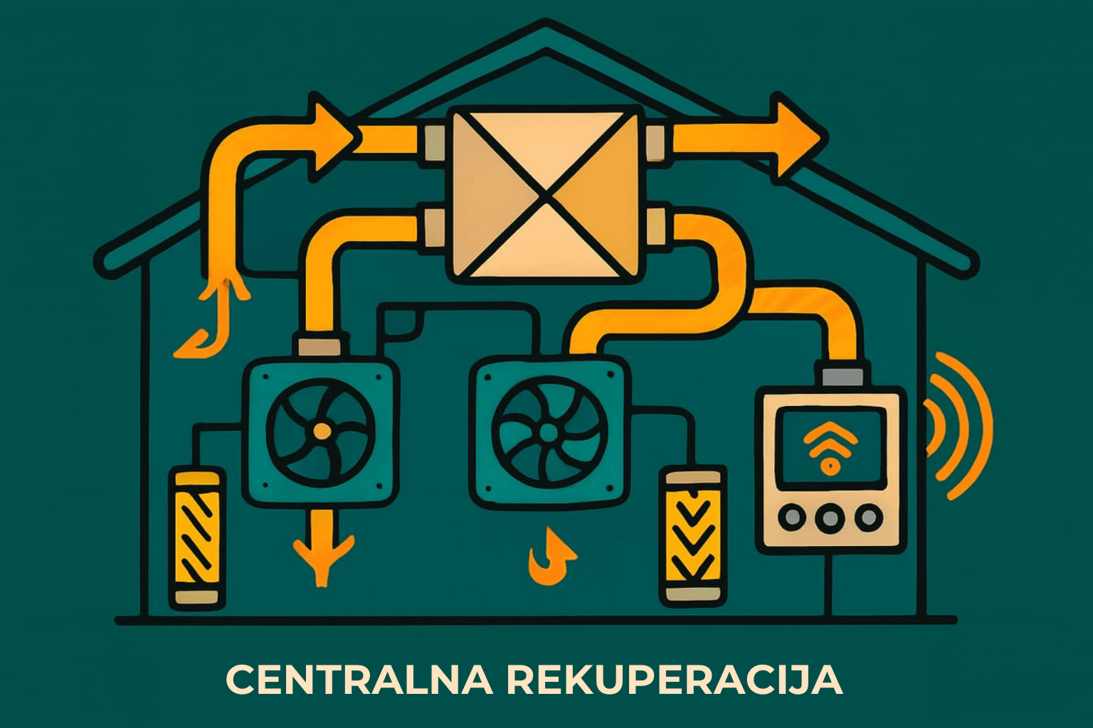 Shema centralne rekuperacije s cevmi, ventilatorji in pametnim upravljanjem za energetsko učinkovito prezračevanje doma.