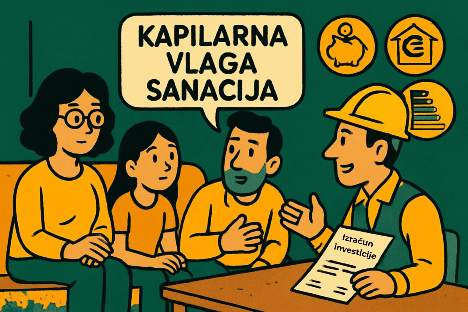 Sanacija kapilarne vlage: gradbeni strokovnjak s čelado svetuje družini in predstavlja izračun investicije za odpravo vlage.