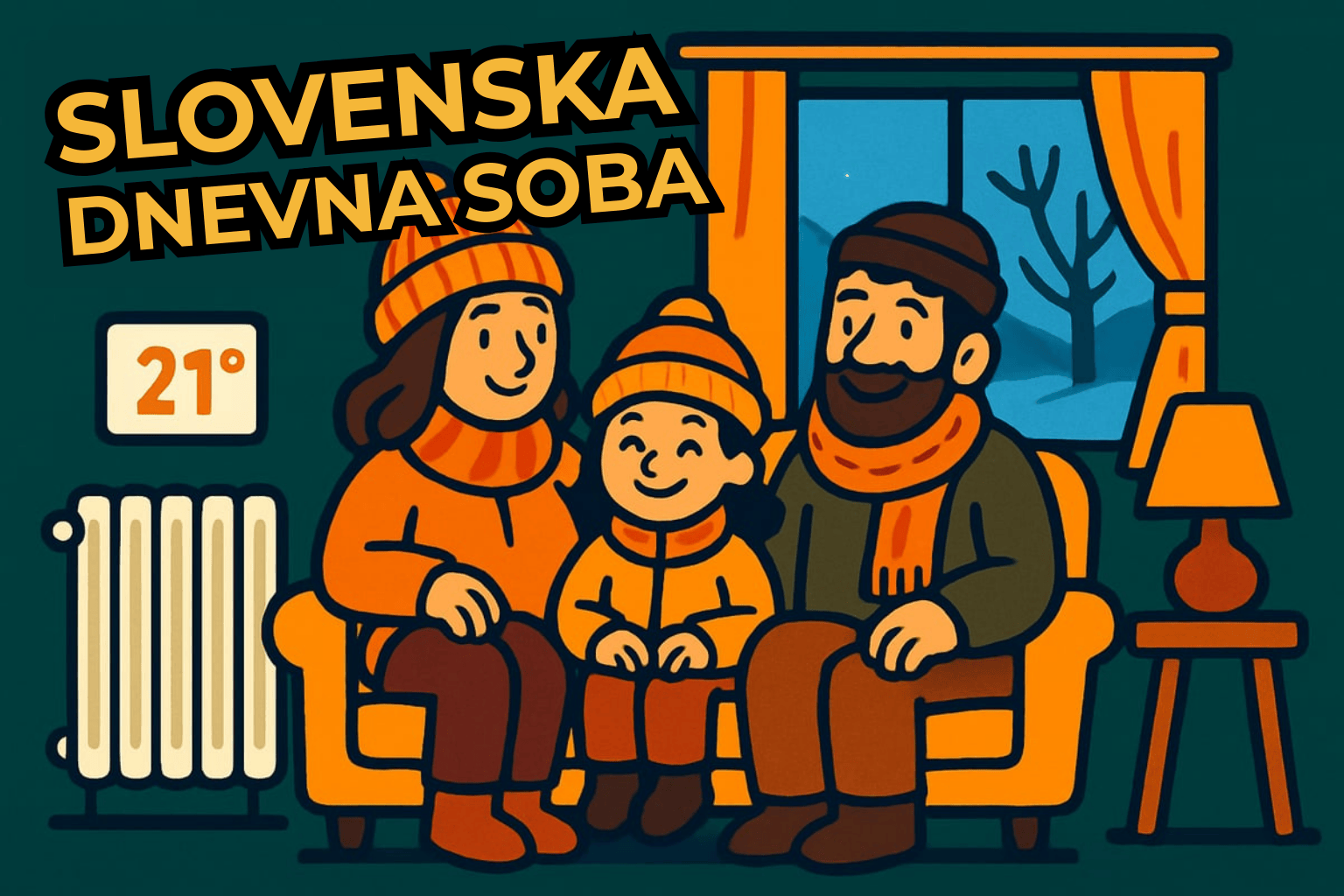 Ilustracija družine v dnevni sobi sredi kurilne sezone, radiator ogreva prostor na 21 stopinj, zunaj pa je zimska pokrajina.