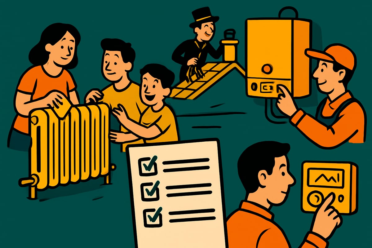 Ilustracija priprave na kurilno sezono: družina preverja radiator, dimnikar čisti dimnik, serviser nastavlja peč in termostat.
