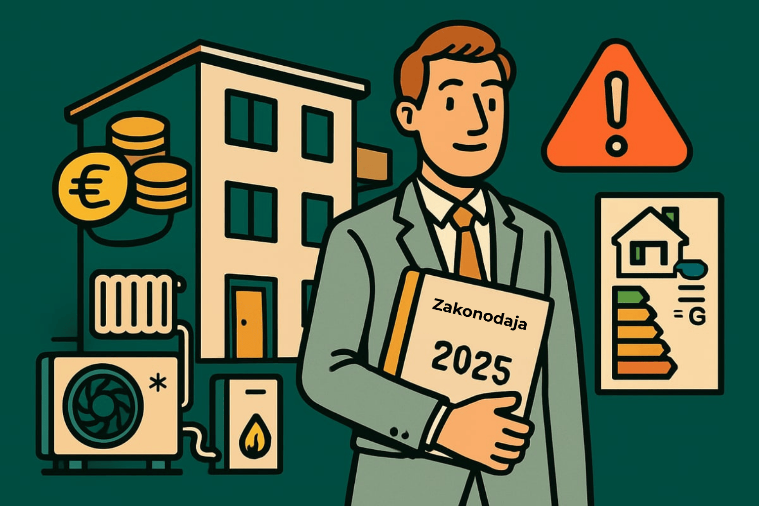 Ilustracija zakonodaje 2025 o kurilni sezoni: moški v obleki s knjižico zakonodaje, ob hiši z radiatorjem, toplotno črpalko in opozorilnim znakom.