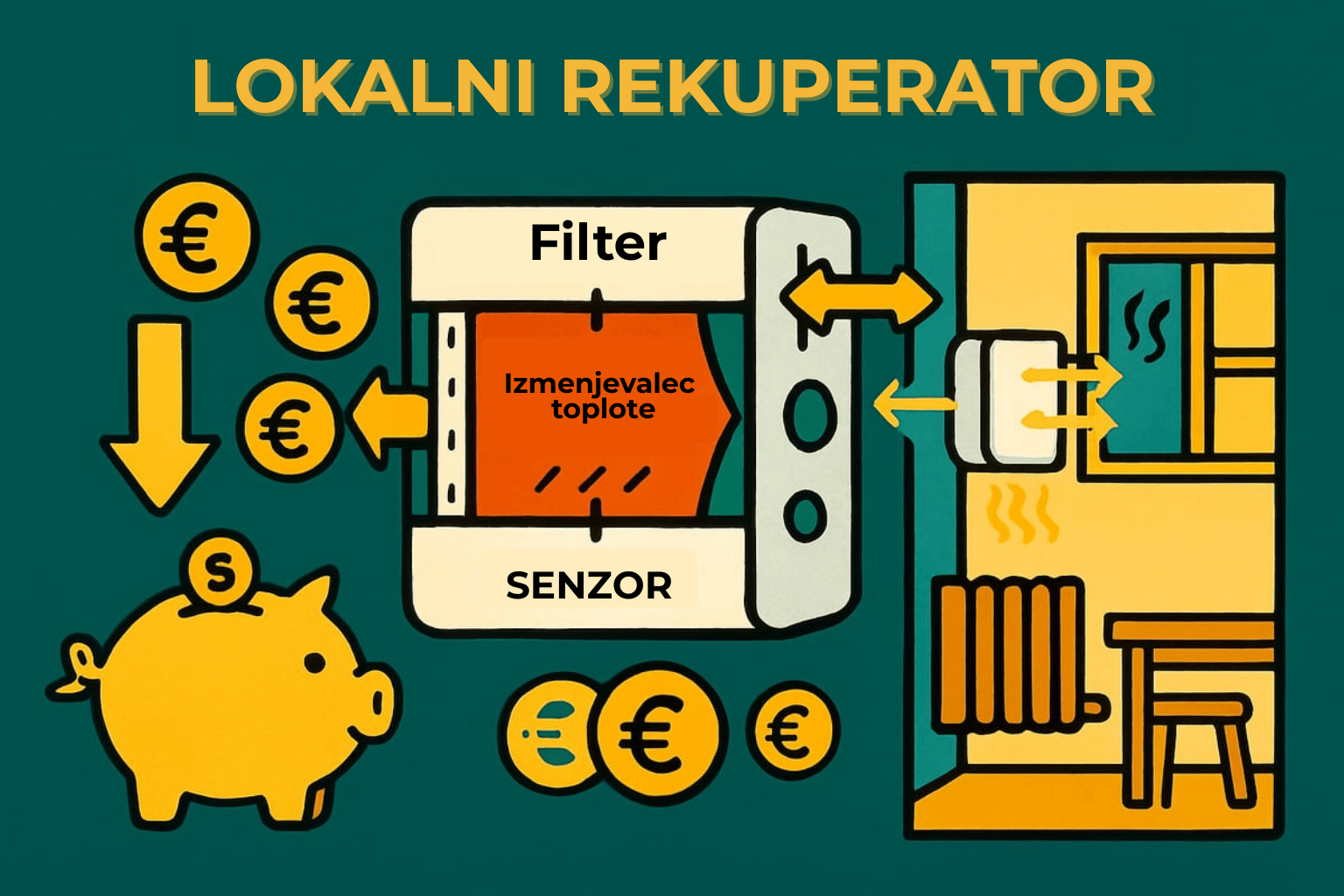Shema lokalnega rekuperatorja s filtrom, izmenjevalcem toplote in senzorjem.