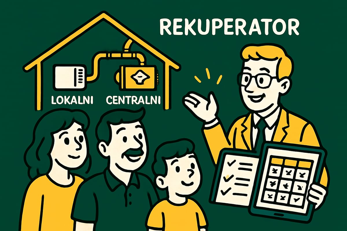 Strokovnjak razlaga družini razliko med lokalnim in centralnim rekuperatorjem ter ceno sistema prezračevanja.