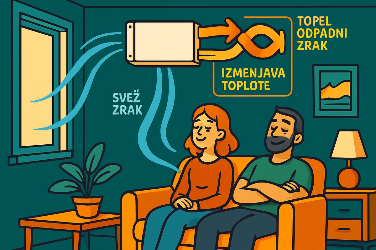Par uživa v svežem zraku doma z rekuperatorjem, ki vrača toploto iz odpadnega zraka preko izmenjevalca toplote.