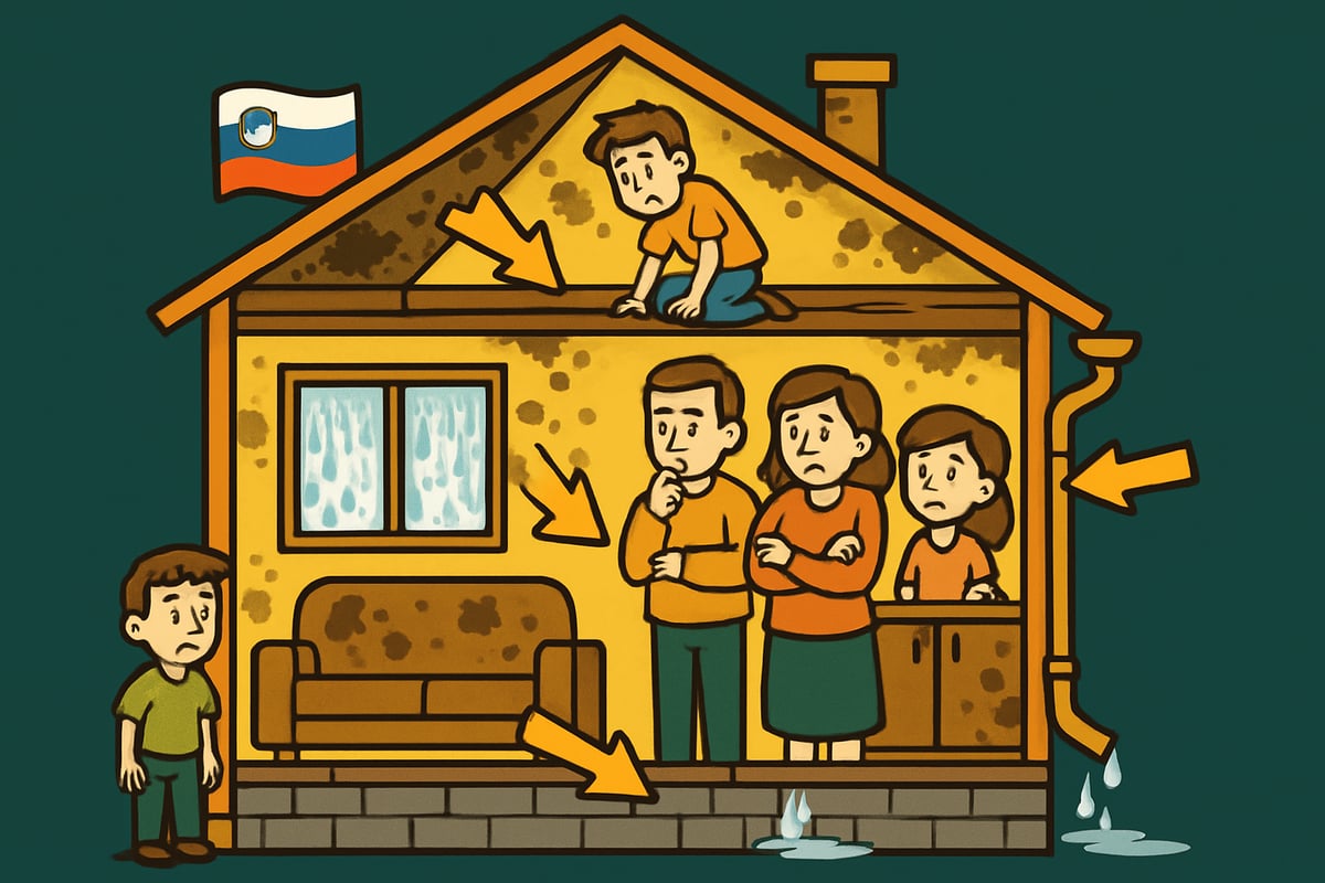 Ilustracija hiše z vlago in plesnijo: družina skrbi zaradi madežev na stenah, mokrih oken in puščajočih žlebov – potreba po sanaciji plesni.