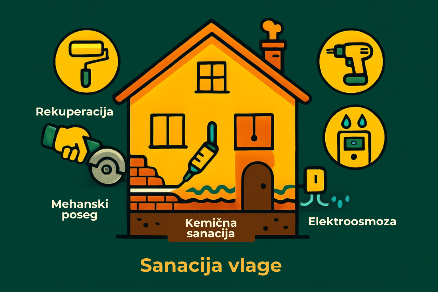 Sanacija vlage: prikaz metod za odpravo vlage v hiši – kemična sanacija, mehanski poseg, elektroosmoza in rekuperacija.