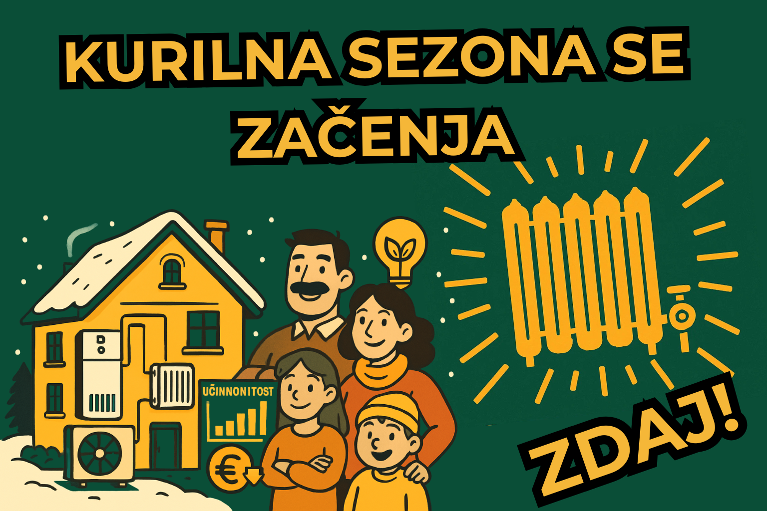 Ilustracija družine pred hišo z ogrevalnim sistemom in radiatorjem, ki ponazarja začetek kurilne sezone in poudarja energetsko učinkovitost ogrevanja.