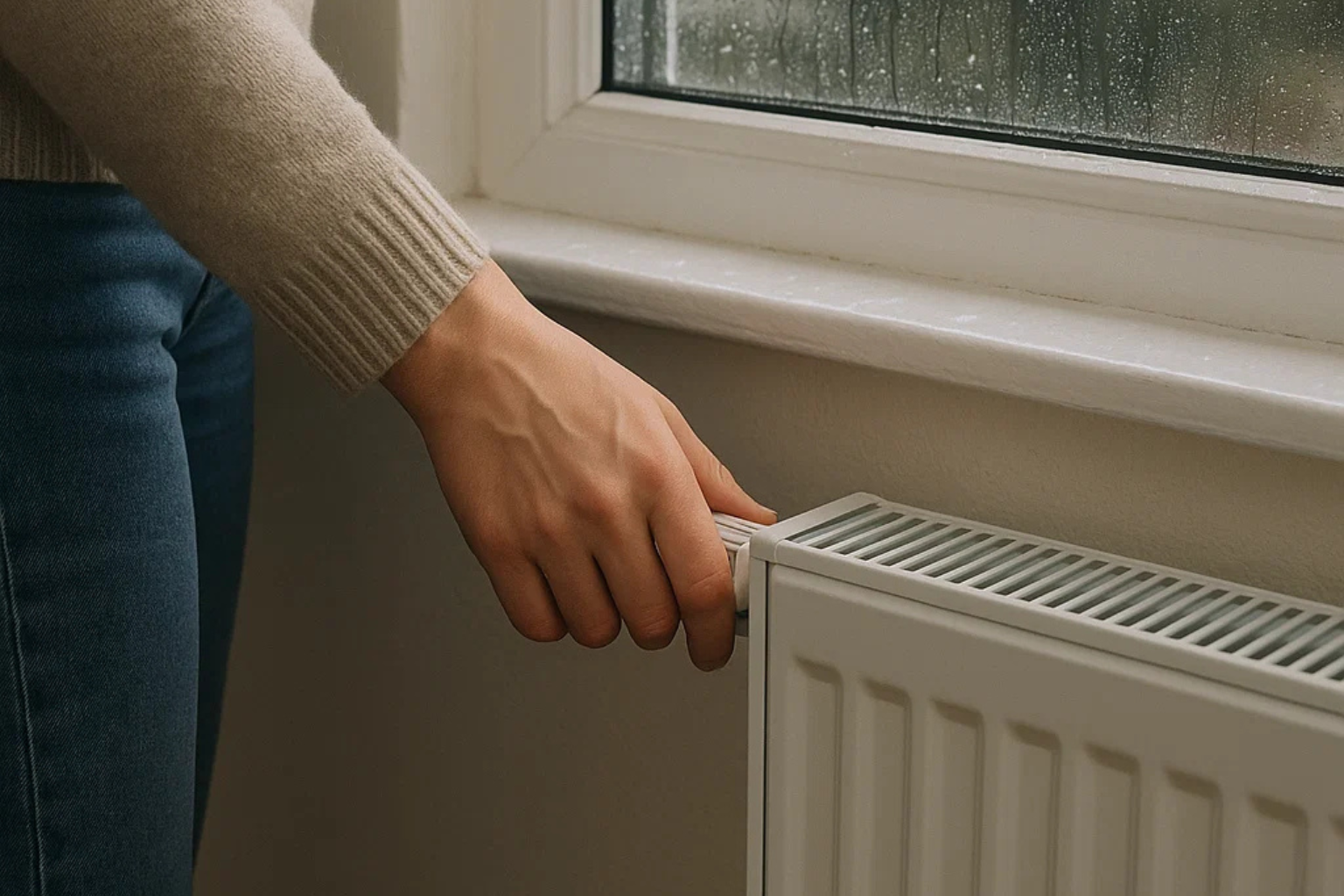 Kurilna sezona je pred vrati. Oseba odpira ventil radiatorja ob deževnem vremenu, kar ponazarja začetek kurilne sezone in ogrevanja doma.