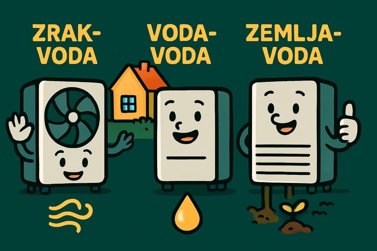 Ilustracija treh vrst toplotnih črpalk – zrak-voda, voda-voda in zemlja-voda, z nasmejanimi obrazi in simboli vira energije.