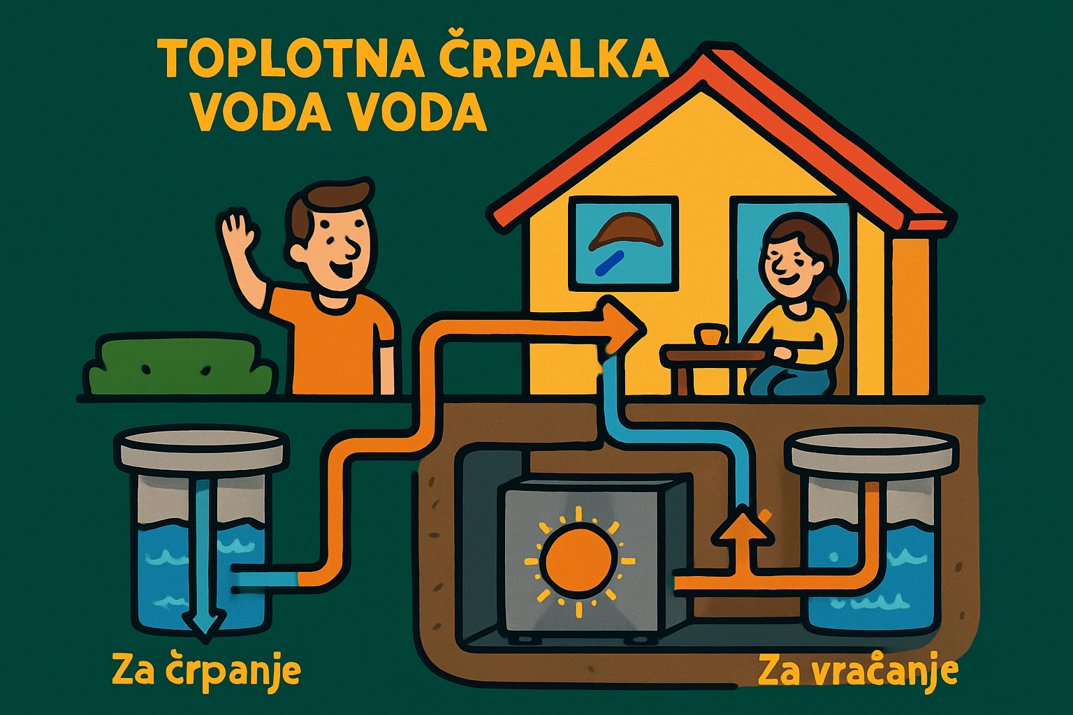 Shema delovanja toplotne črpalke voda-voda, ki črpa toploto iz podtalnice za ogrevanje hiše.