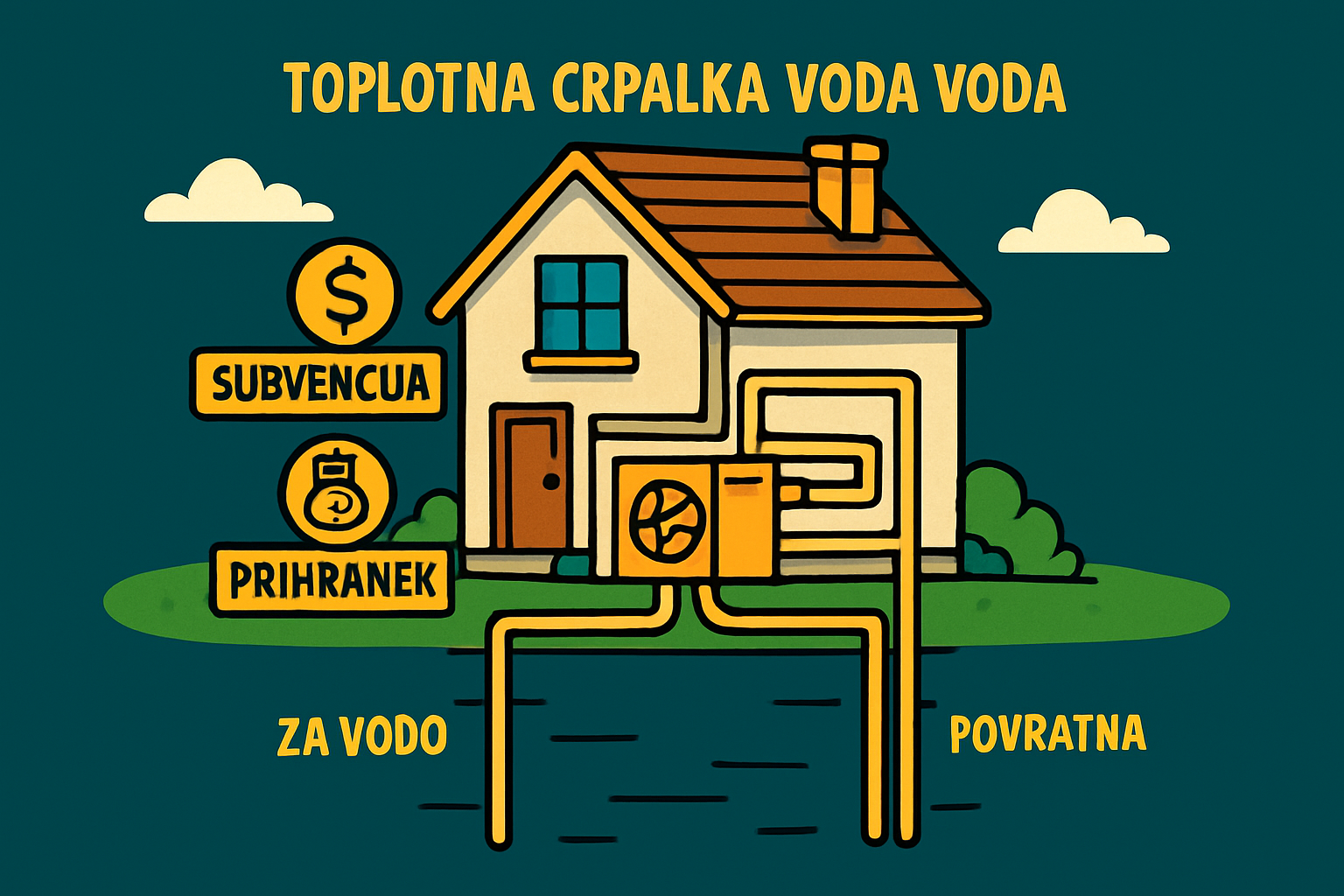 Toplotna črpalka voda-voda za hišo z vrtinami za črpanje in vračanje vode, ki omogoča prihranke in subvencijo.