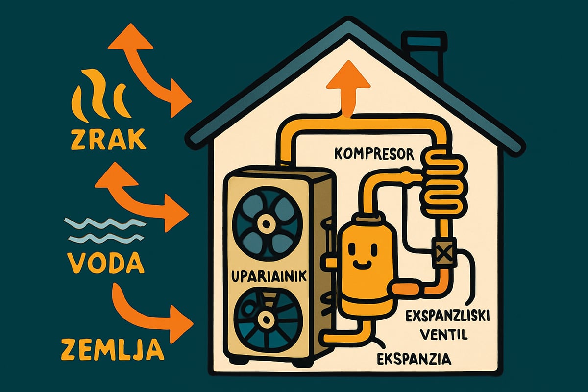 Toplotna črpalka za ogrevanje: shematski prikaz delovanja s kompresorjem, uparjalnikom, ekspanzijskim ventilom in viri toplote (zrak, voda, zemlja).