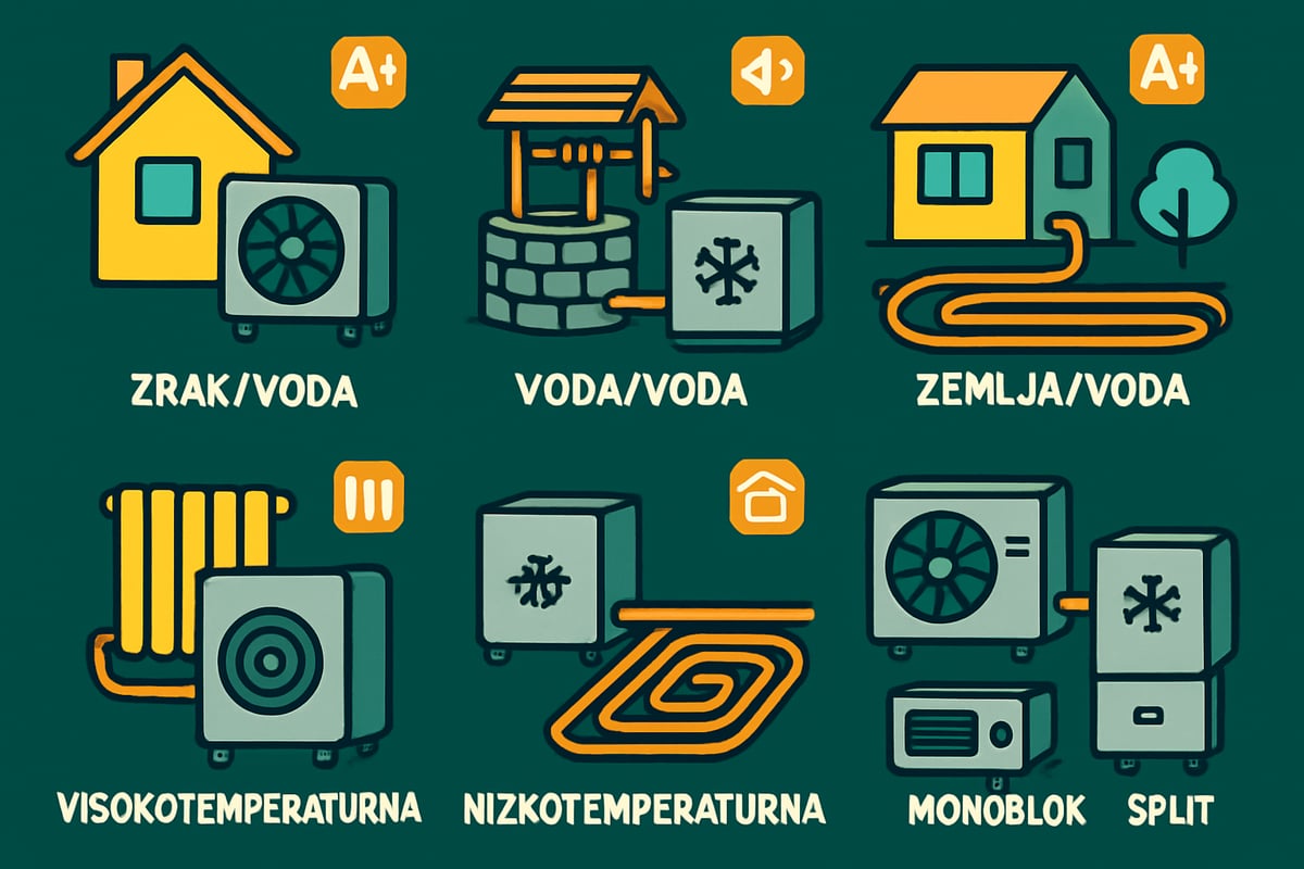Vrste toplotnih črpalk za ogrevanje: zrak/voda, voda/voda, zemlja/voda, visokotemperaturna, nizkotemperaturna, monoblok in split.