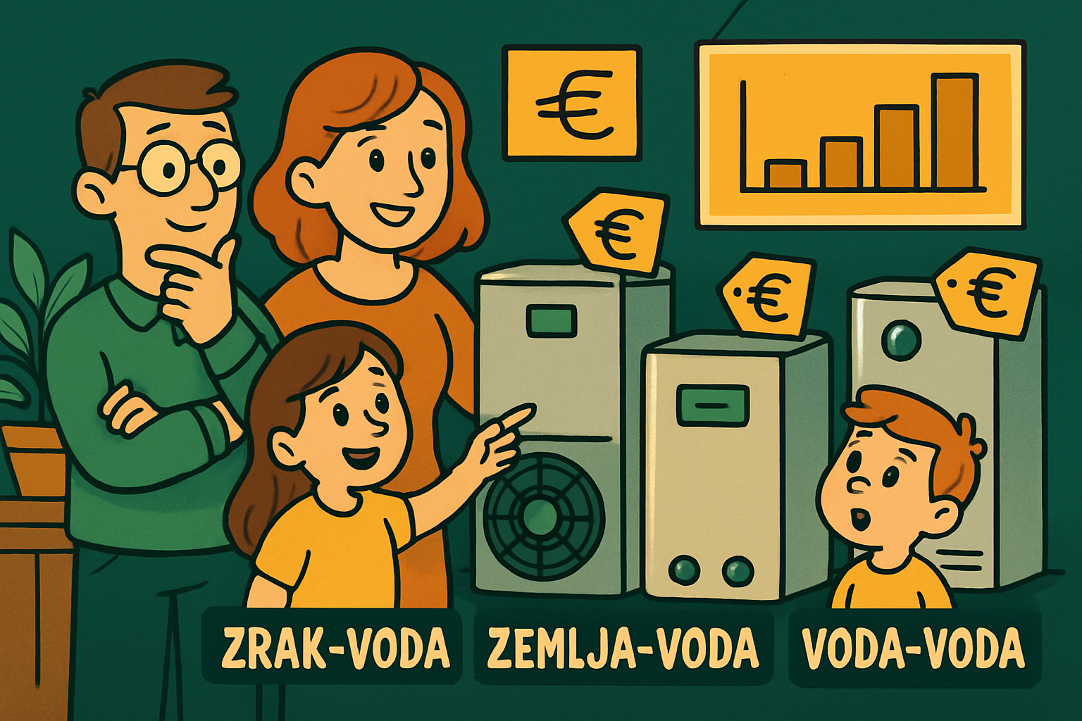 Družina izbira med različnimi vrstami toplotnih črpalk za radiatorsko ogrevanje – zrak-voda, zemlja-voda in voda-voda s cenami.