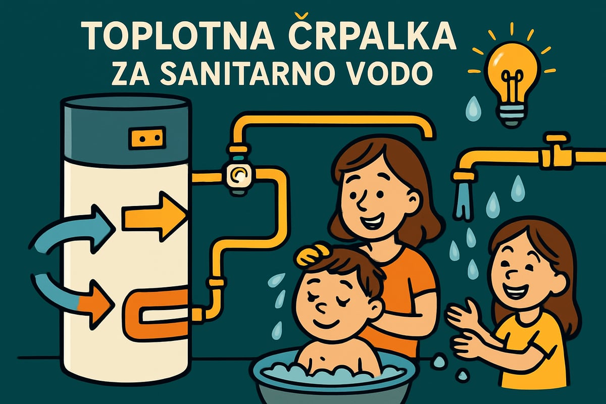 Toplotna črpalka za sanitarno vodo prikazuje grelnik, ki zagotavlja toplo vodo za kopanje in umivanje otrok, ob podpori energetsko varčnega sistema.