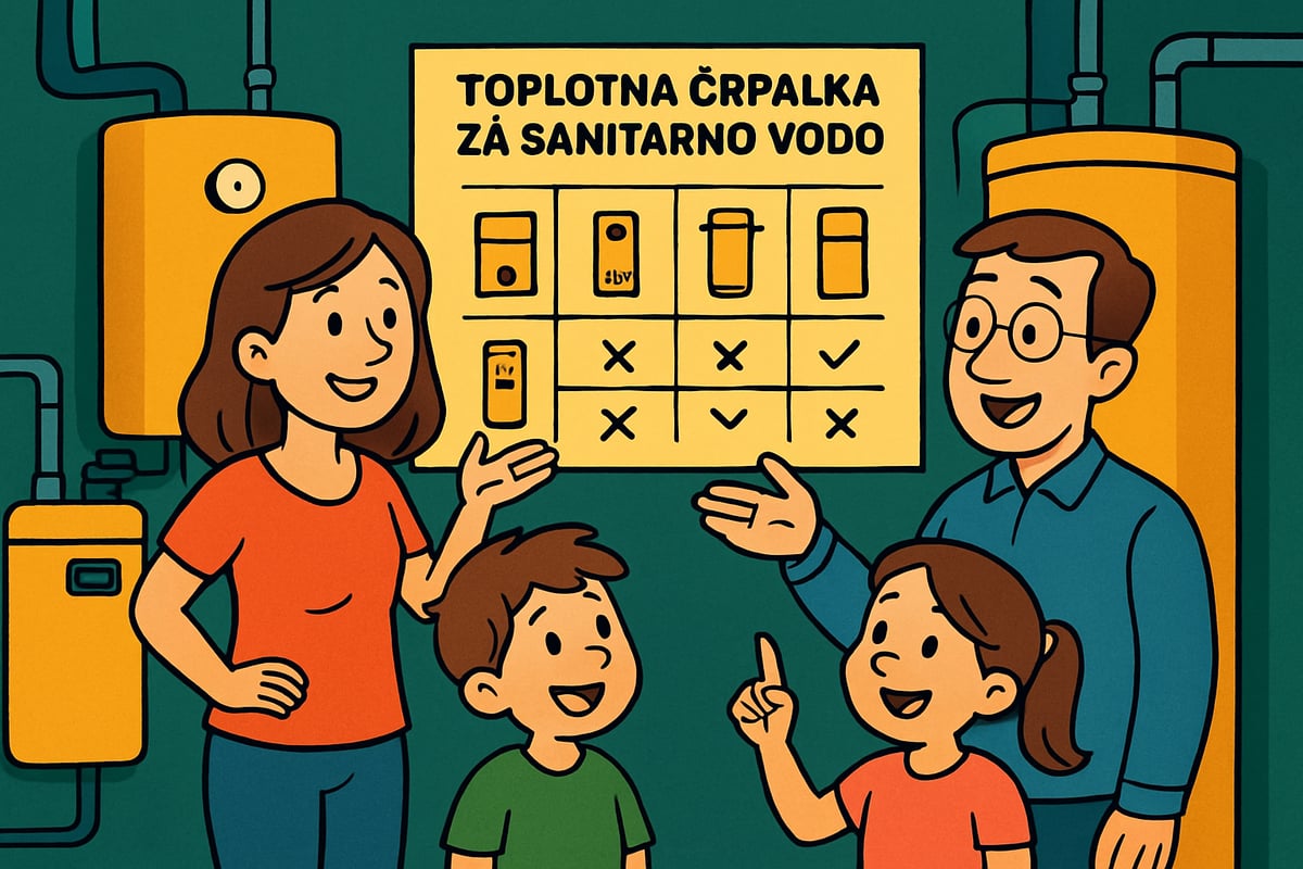Družina preučuje primerjavo različnih toplotnih črpalk za sanitarno vodo na tabeli, da izbere najboljšo rešitev za ogrevanje tople vode.