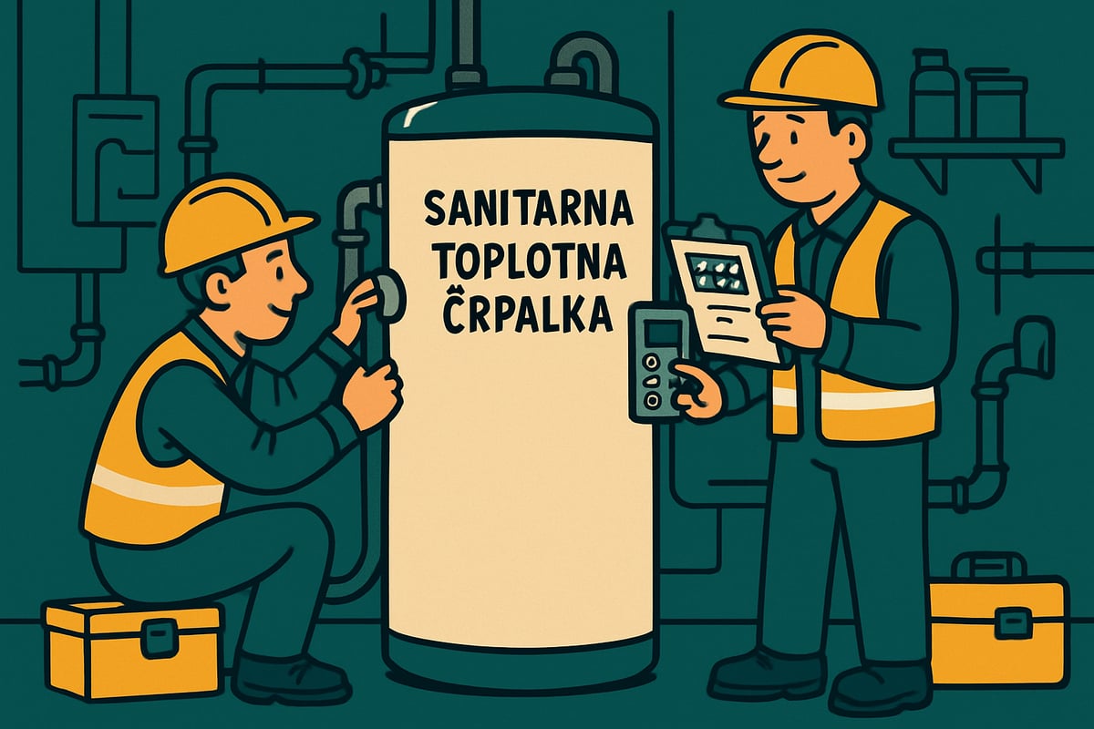 Serviserja izvajata montažo in pregled sanitarne toplotne črpalke v kotlovnici.