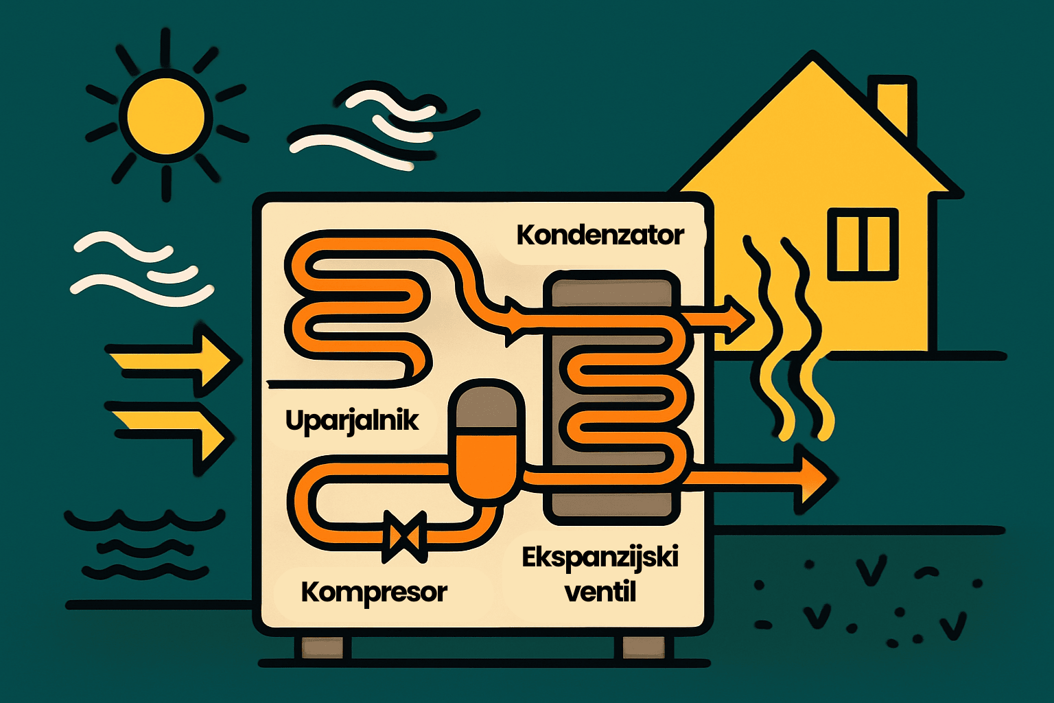 Shema kako deluje toplotna črpalka z uparjalnikom, kompresorjem, ekspanzijskim ventilom in kondenzatorjem
