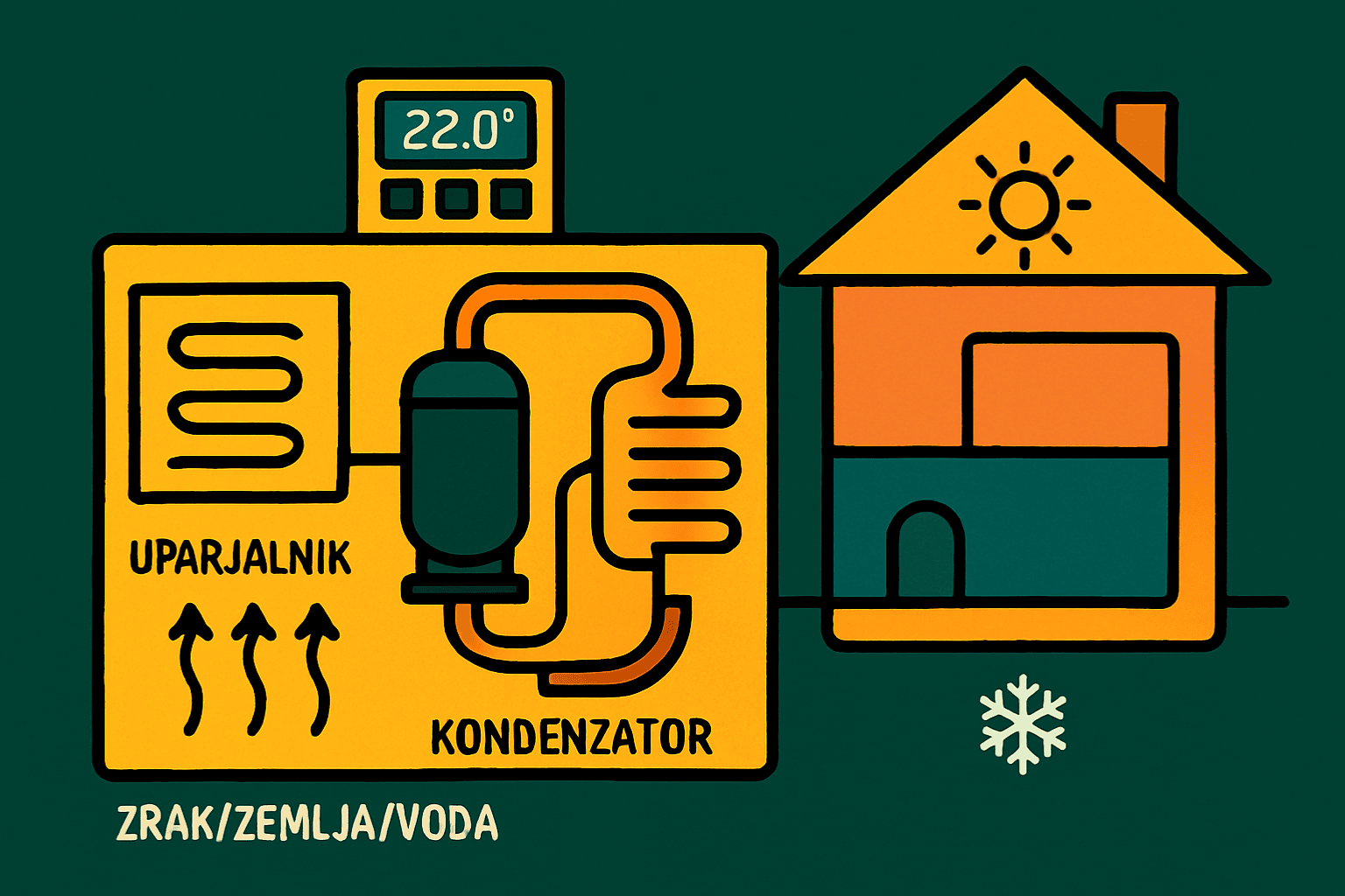 Kako deluje toplotna črpalka – prenos toplote iz zraka, zemlje ali vode preko uparjalnika in kondenzatorja v hišo