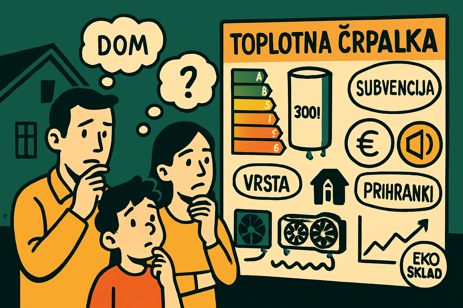 Družina razmišlja o izbiri toplotne črpalke za sanitarno vodo glede na subvencije, vrsto in prihranke.